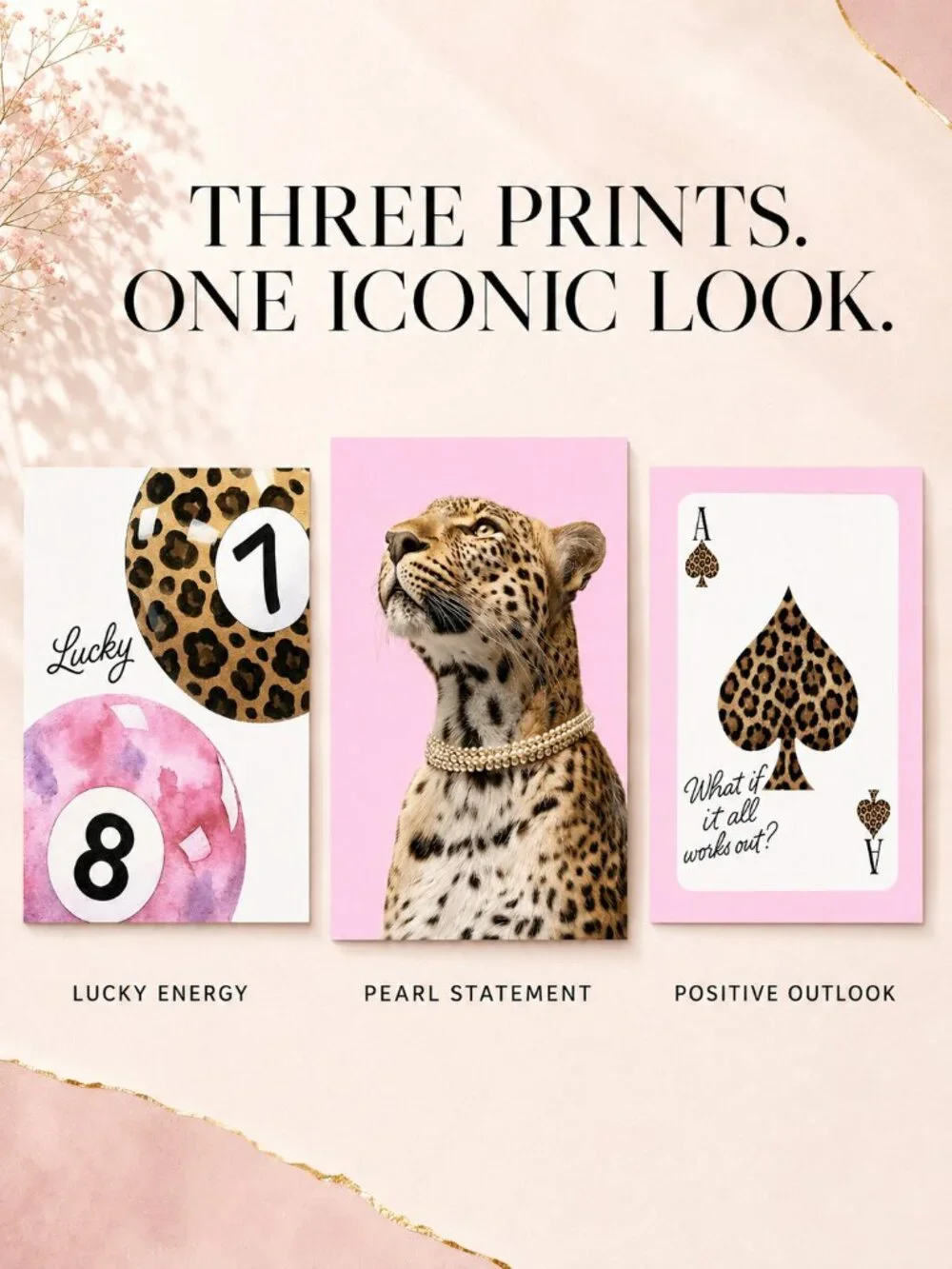 Pink Leopard Wall Art Set of 3 Lucky 8 Ball Ace Spade 12